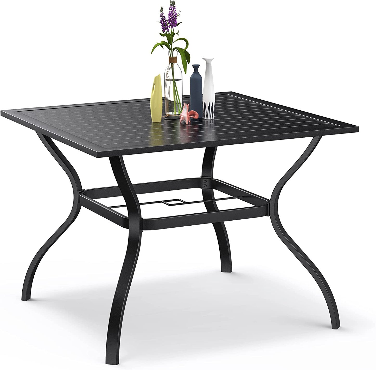 37" Black Square Metal Outdoor Dining Table With Umbrella Hole