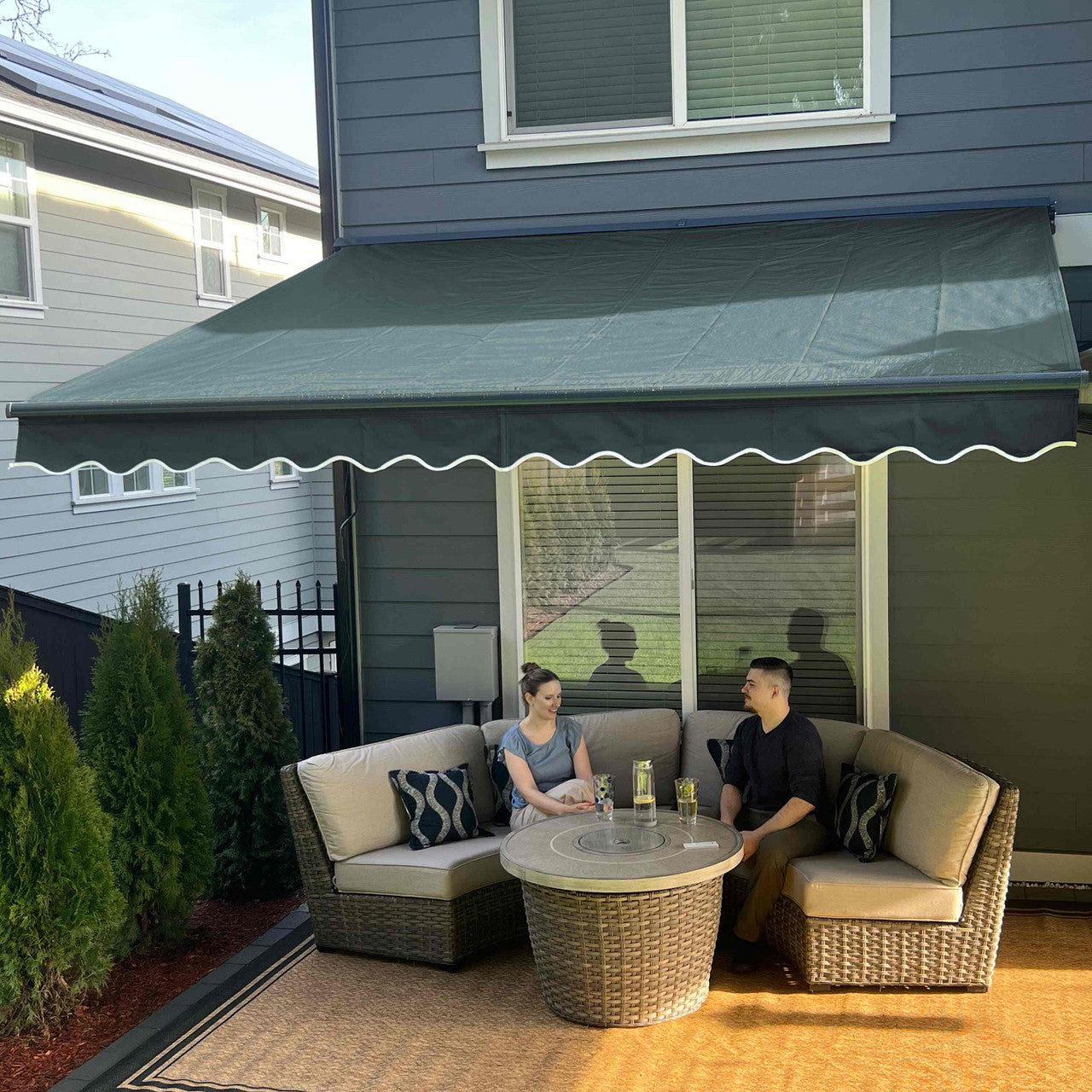 20 x 10 ft. Half Cassette Motorized Retractable LED Luxury Patio Awning – Dark Gray Frame – Forest Green Fabric AWCL20X10GREEN166-AP