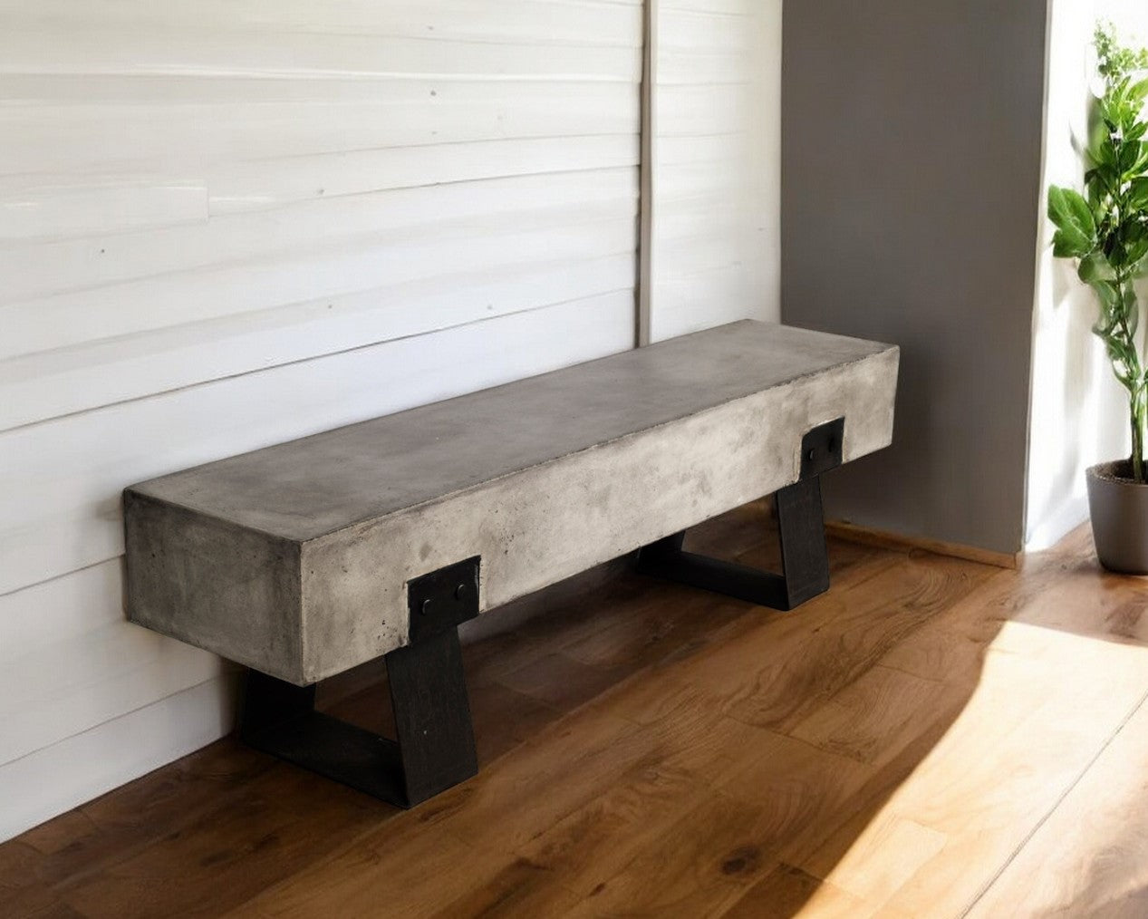 Homeroots 75" Gray And Black Metal And Concrete Outdoor Bench