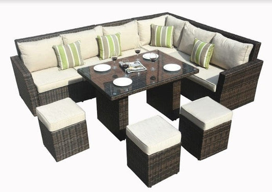 Sofa set = two side sofa+one middle sofa+one corner sofa+one table+three ottomans. Side sofa size: 53.93" x D30.70" x H33.46" with 4" seat and back cushion. Corner sofa size: 30.70" x 30.70" x H33.46" with 4" seat and back cushion. Middle sofa size: 25.59" x 30.70" x H34.46" with 4" seat and back cushion. Table size: 42.24" x 33.46" x H27.16" with 0.19" tempered glass. Ottoman size: 15.74" x 15.74" x 15.74" with 4" cushion Rattan: grey rattan with grey cushion, brown rattan with beige cushion