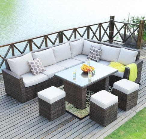 Sofa set = two side sofa+one middle sofa+one corner sofa+one table+three ottomans. Side sofa size: 53.93" x D30.70" x H33.46" with 4" seat and back cushion. Corner sofa size: 30.70" x 30.70" x H33.46" with 4" seat and back cushion. Middle sofa size: 25.59" x 30.70" x H34.46" with 4" seat and back cushion. Table size: 42.24" x 33.46" x H27.16" with 0.19" tempered glass. Ottoman size: 15.74" x 15.74" x 15.74" with 4" cushion Rattan: grey rattan with grey cushion, brown rattan with beige cushion