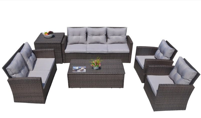 Steel rattan sofa K/D set=one three seater sofa+one double sofa+ two single sofa+one table+one side table Three seater sofa size: 183*72*H78cm with 6cm cushion and fluffy back cushion Double sofa size: 127*D72*H78cm with 6cm cushion and fluffy back cushion Single sofa size: 72*72*H78cm with 6cm cushion and fluffy back cushion Table size: 120*60*H40cm Side table size: 70*70*H64cm
