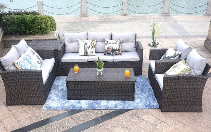 Steel rattan sofa K/D set=one three seater sofa+one double sofa+ two single sofa+one table+one side table Three seater sofa size: 183*72*H78cm with 6cm cushion and fluffy back cushion Double sofa size: 127*D72*H78cm with 6cm cushion and fluffy back cushion Single sofa size: 72*72*H78cm with 6cm cushion and fluffy back cushion Table size: 120*60*H40cm Side table size: 70*70*H64cm