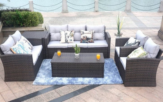 Steel rattan sofa K/D set=one three seater sofa+one double sofa+ two single sofa+one table+one side table Three seater sofa size: 183*72*H78cm with 6cm cushion and fluffy back cushion Double sofa size: 127*D72*H78cm with 6cm cushion and fluffy back cushion Single sofa size: 72*72*H78cm with 6cm cushion and fluffy back cushion Table size: 120*60*H40cm Side table size: 70*70*H64cm