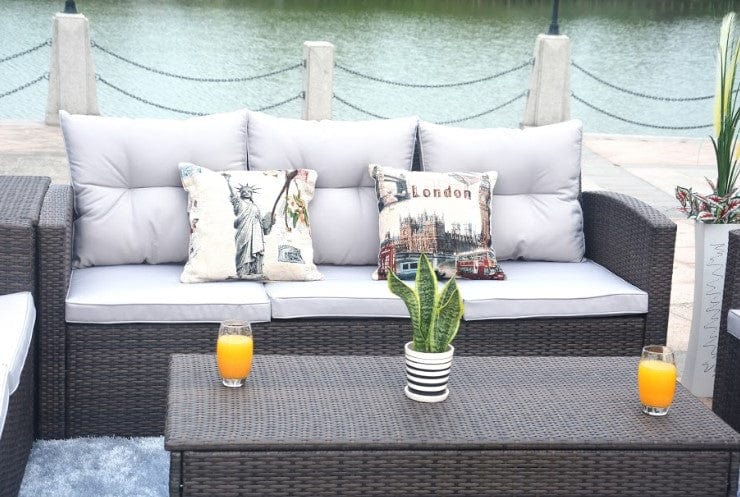 Steel rattan sofa K/D set=one three seater sofa+one double sofa+ two single sofa+one table+one side table Three seater sofa size: 183*72*H78cm with 6cm cushion and fluffy back cushion Double sofa size: 127*D72*H78cm with 6cm cushion and fluffy back cushion Single sofa size: 72*72*H78cm with 6cm cushion and fluffy back cushion Table size: 120*60*H40cm Side table size: 70*70*H64cm