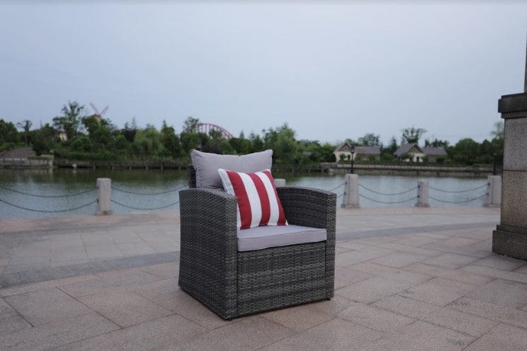 Steel rattan sofa K/D set=one three seater sofa+one double sofa+ two single sofa+one table+one side table Three seater sofa size: 183*72*H78cm with 6cm cushion and fluffy back cushion Double sofa size: 127*D72*H78cm with 6cm cushion and fluffy back cushion Single sofa size: 72*72*H78cm with 6cm cushion and fluffy back cushion Table size: 120*60*H40cm Side table size: 70*70*H64cm