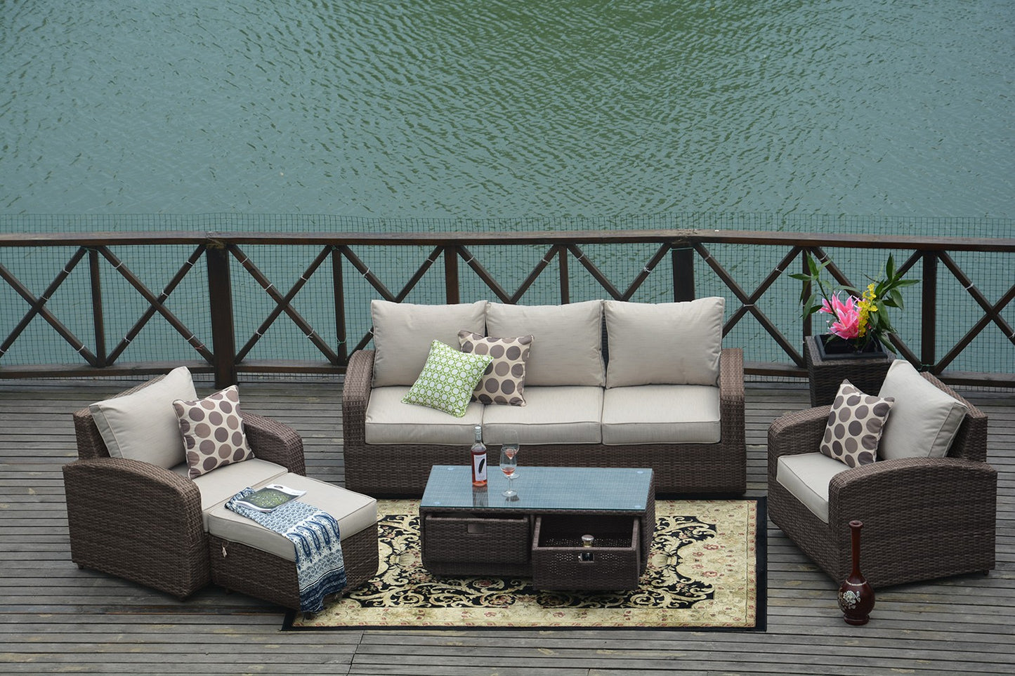 Homeroots Strathmere Brown 5-Piece Wicker Patio Conversation Set With Black Cushions