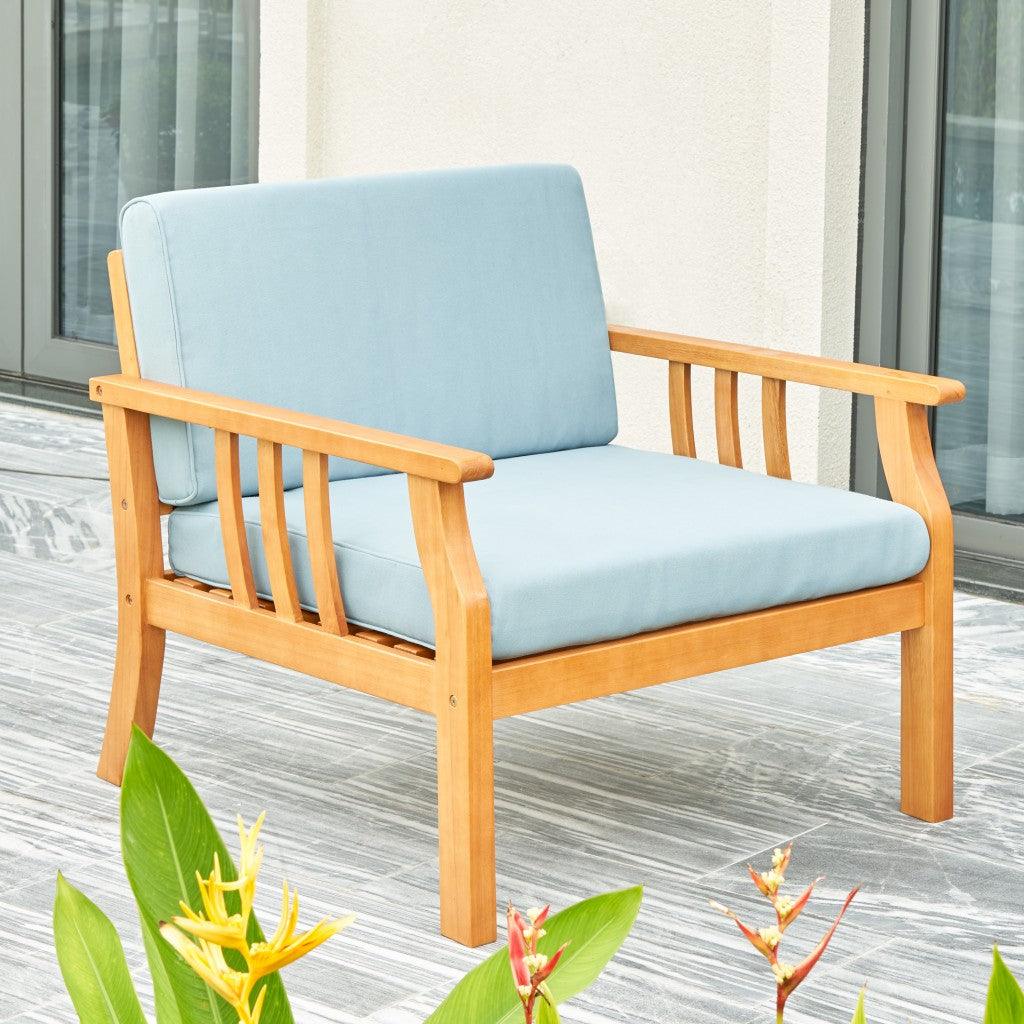 33" Natural Eucalyptus Slat Wood Outdoor Accent Chair With Aqua Cushion