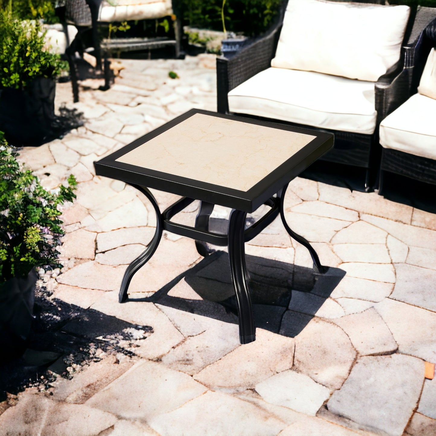 21" Beige And Ivory Square Ceramic Outdoor Side Table