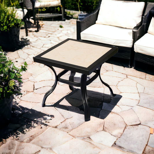 21" Beige And Ivory Square Ceramic Outdoor Side Table