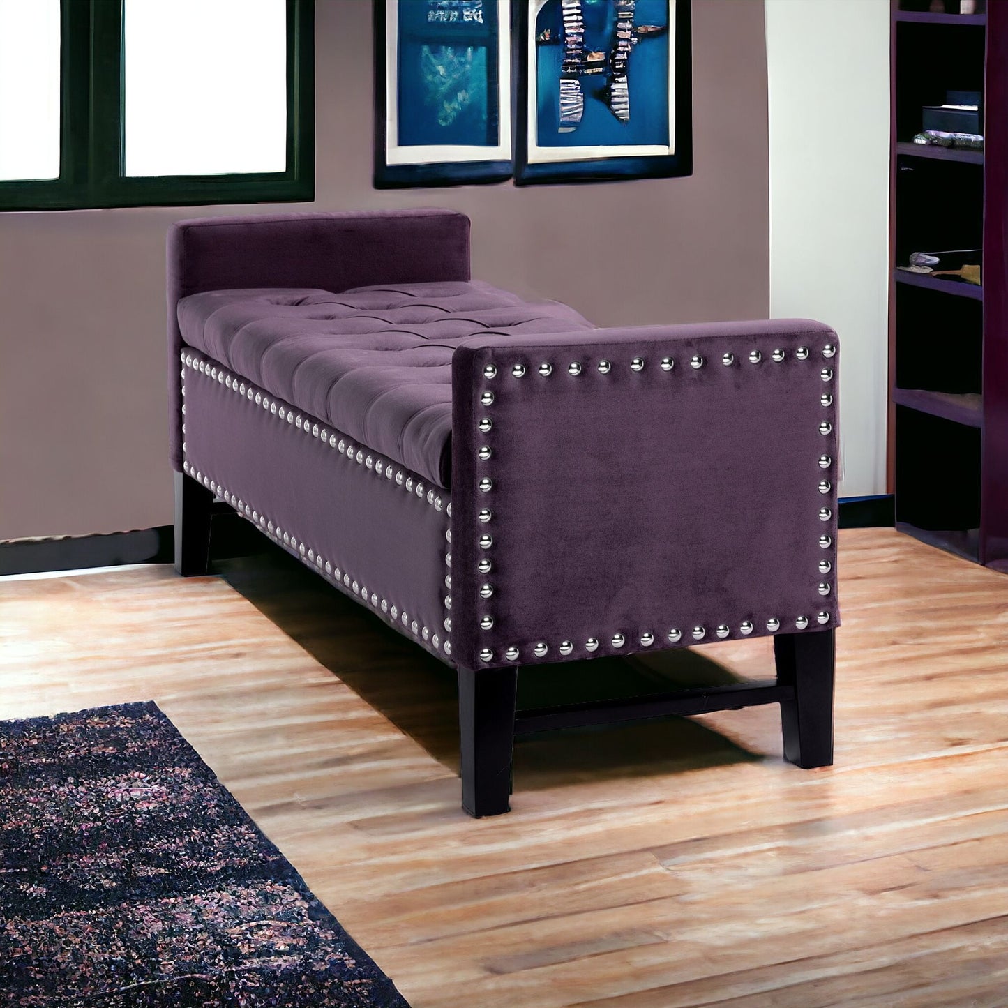 Homeroots Plum And Black Upholstered Velvet Bench With Flip Top, Shoe Storage