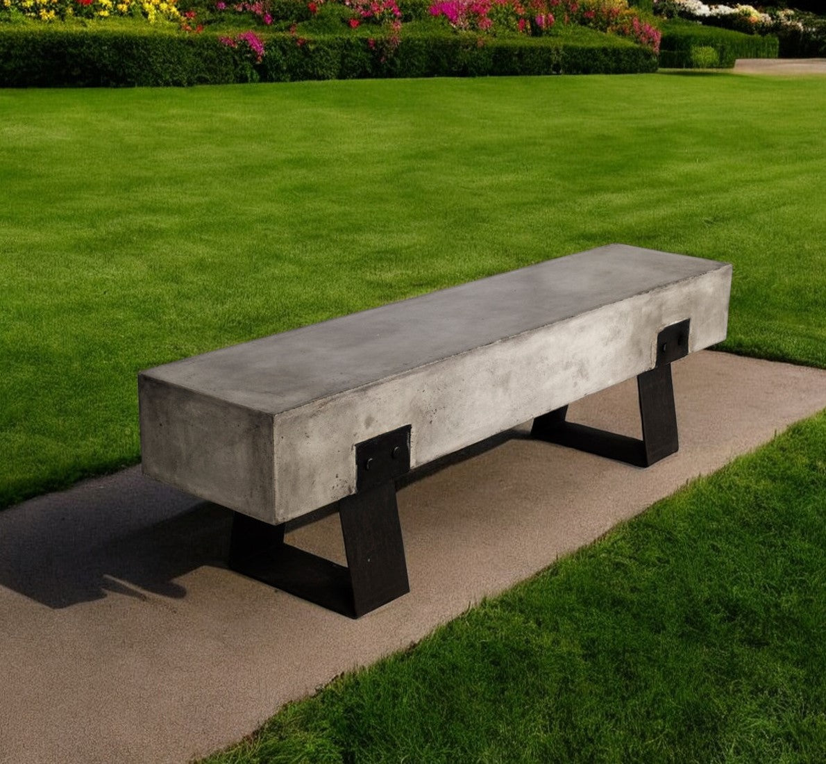Modern 75-inch concrete and metal indoor/outdoor bench in gray & black, perfect for patios and dining areas.