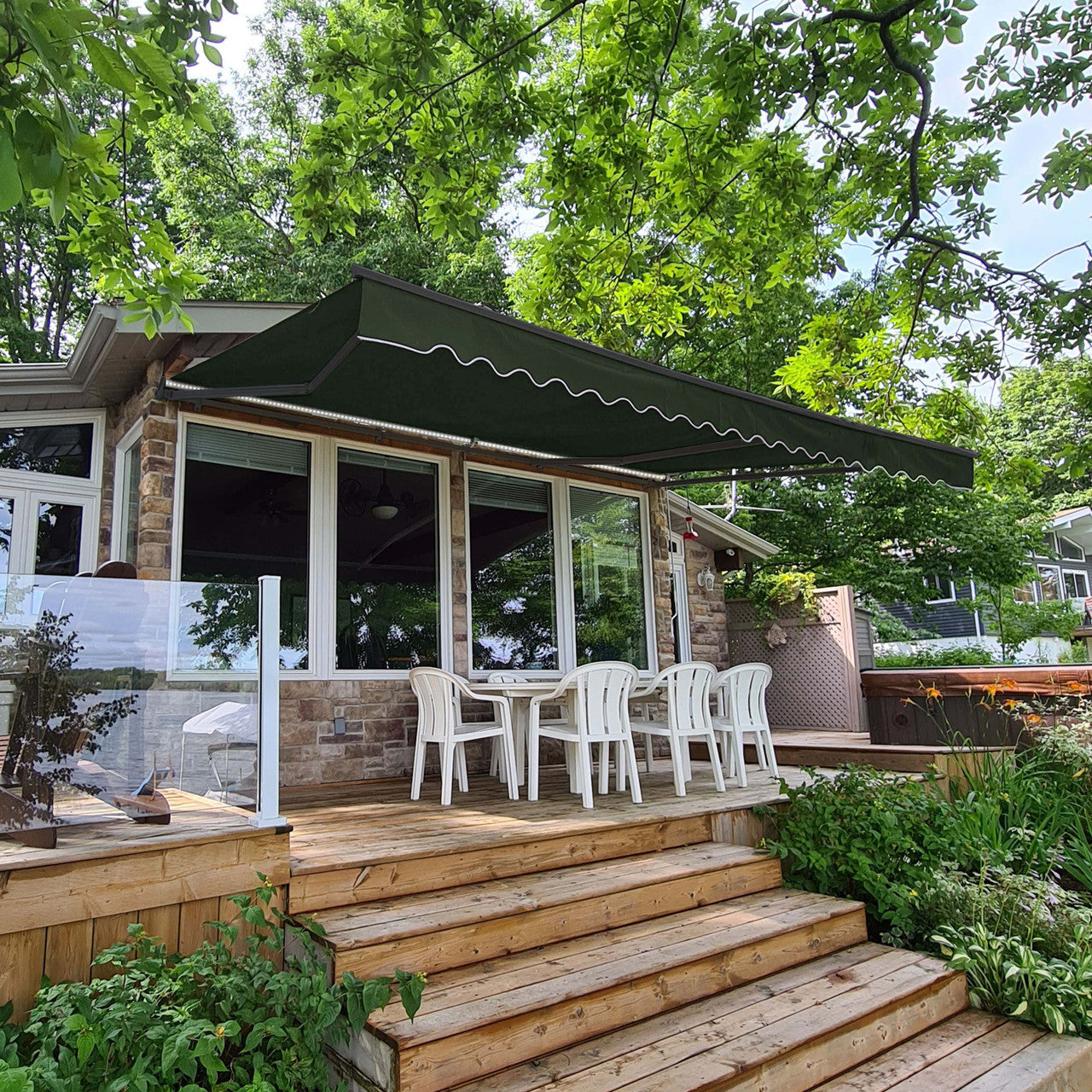 20 x 10 ft. Half Cassette Motorized Retractable LED Luxury Patio Awning – Dark Gray Frame – Forest Green Fabric AWCL20X10GREEN166-AP