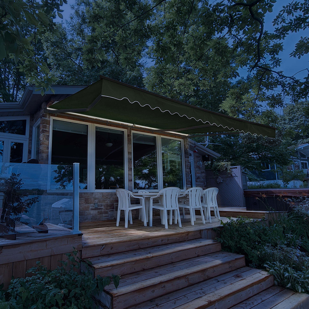 20 x 10 ft. Half Cassette Motorized Retractable LED Luxury Patio Awning – Dark Gray Frame – Forest Green Fabric AWCL20X10GREEN166-AP