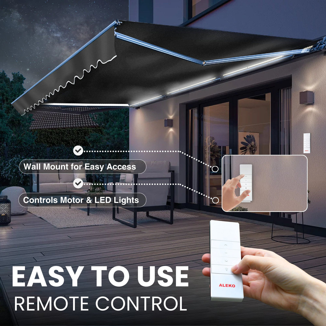 20 x 10 ft. Half Cassette Motorized Retractable LED Luxury Patio Awning – Dark Gray Frame – Forest Green Fabric AWCL20X10GREEN166-AP