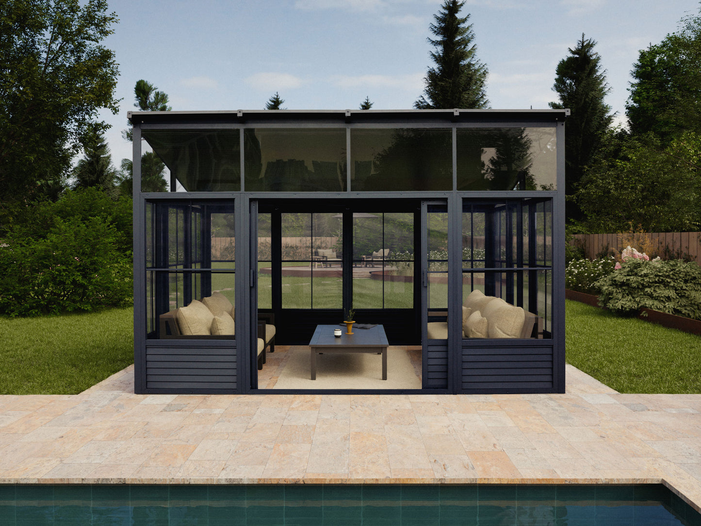 Narvik Solarium 12x15 with Grey Aluminum Frame and Metal Roof in Backyard Setting