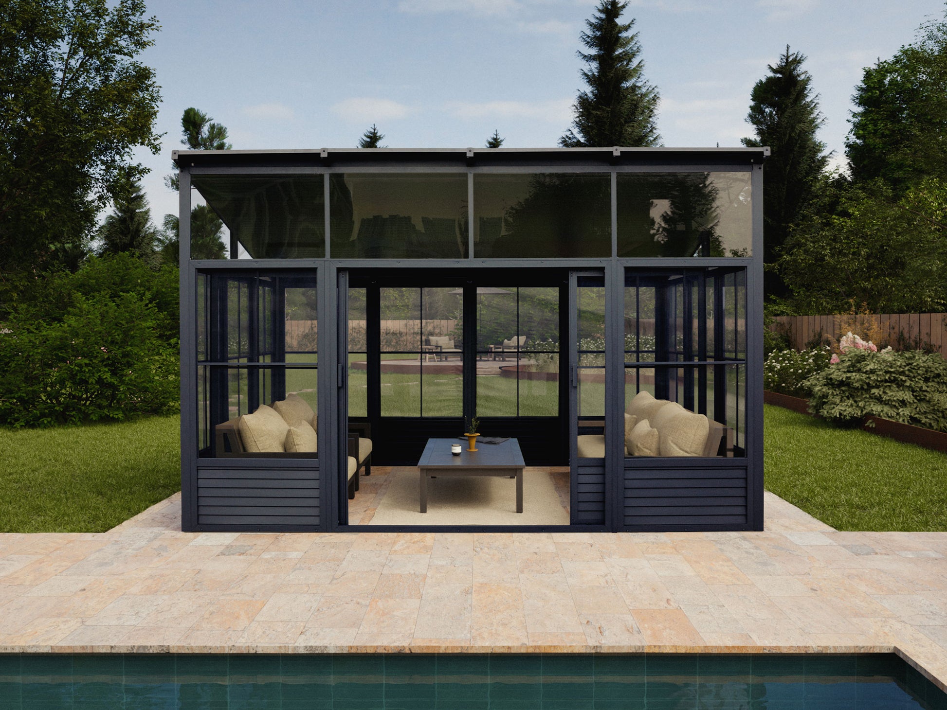 Narvik Solarium 12x15 with Grey Aluminum Frame and Metal Roof in Backyard Setting
