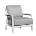 Load image into Gallery viewer, Gray cushioned armchair with white frame and wooden armrests 
