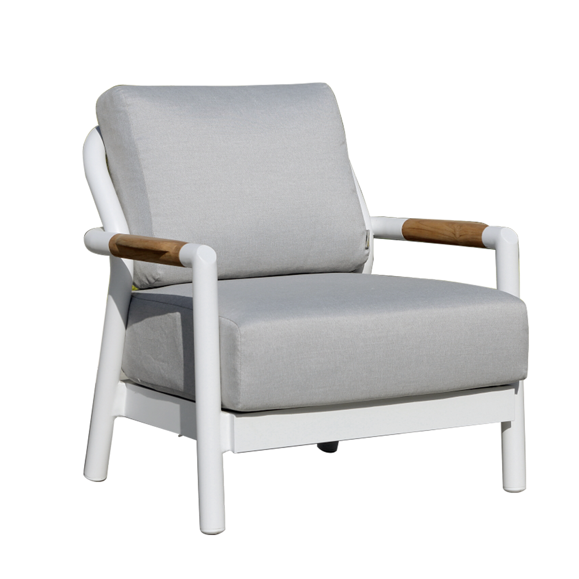 Gray cushioned armchair with white frame and wooden armrests 