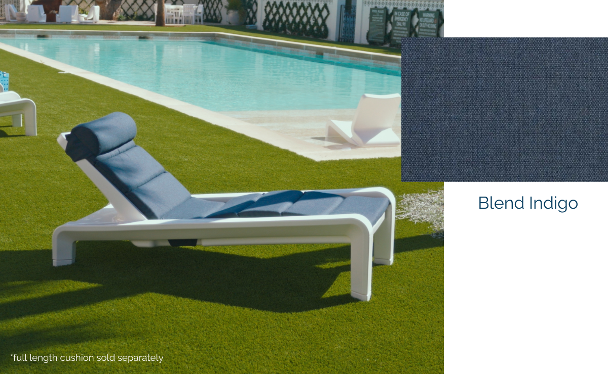 White poolside chaise lounge with solid Blend Indigo blue cushion, full-length cushion