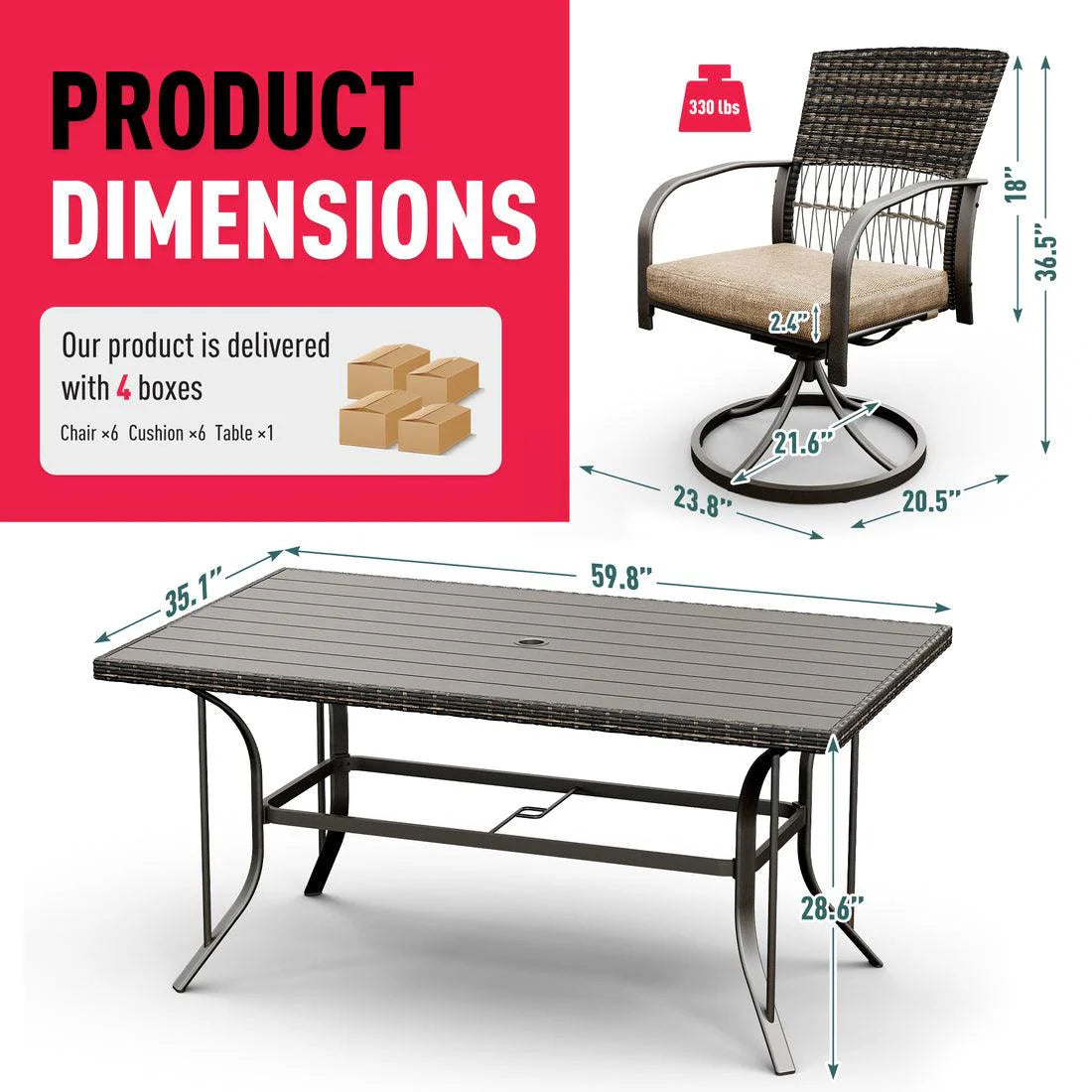 Pamapic 7-Piece Outdoor Dining Set with PE Rattan & Cushioned Swivel Chairs