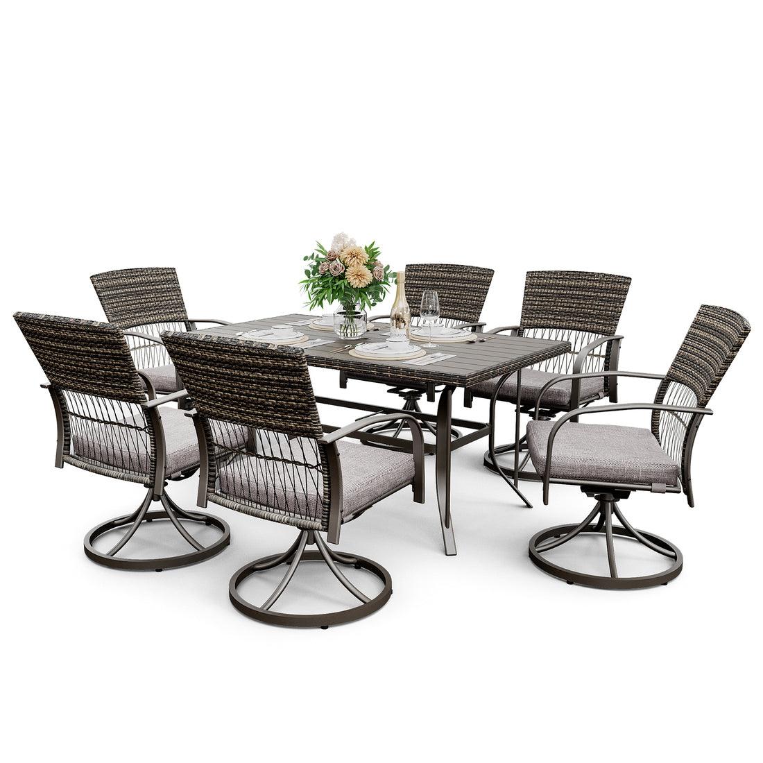 Pamapic 7-Piece Outdoor Dining Set with PE Rattan & Cushioned Swivel Chairs