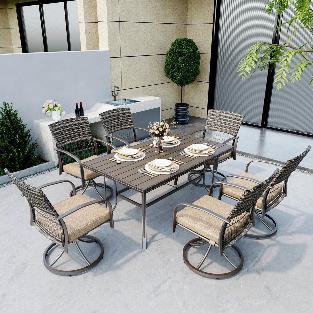 Pamapic 7-Piece Outdoor Dining Set with PE Rattan & Cushioned Swivel Chairs