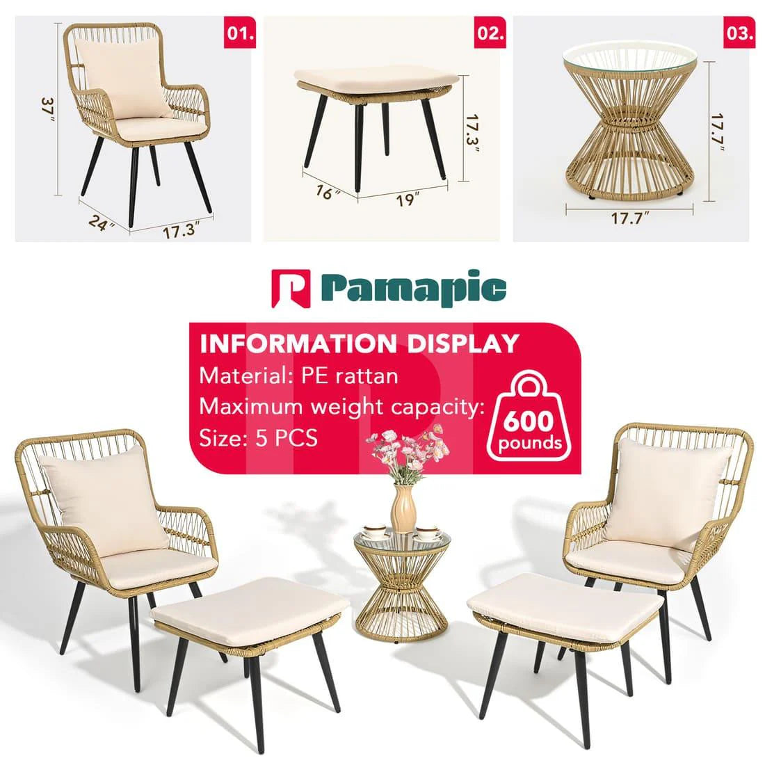 Pamapic Wicker Patio Chairs with Ottoman (5 Pieces)