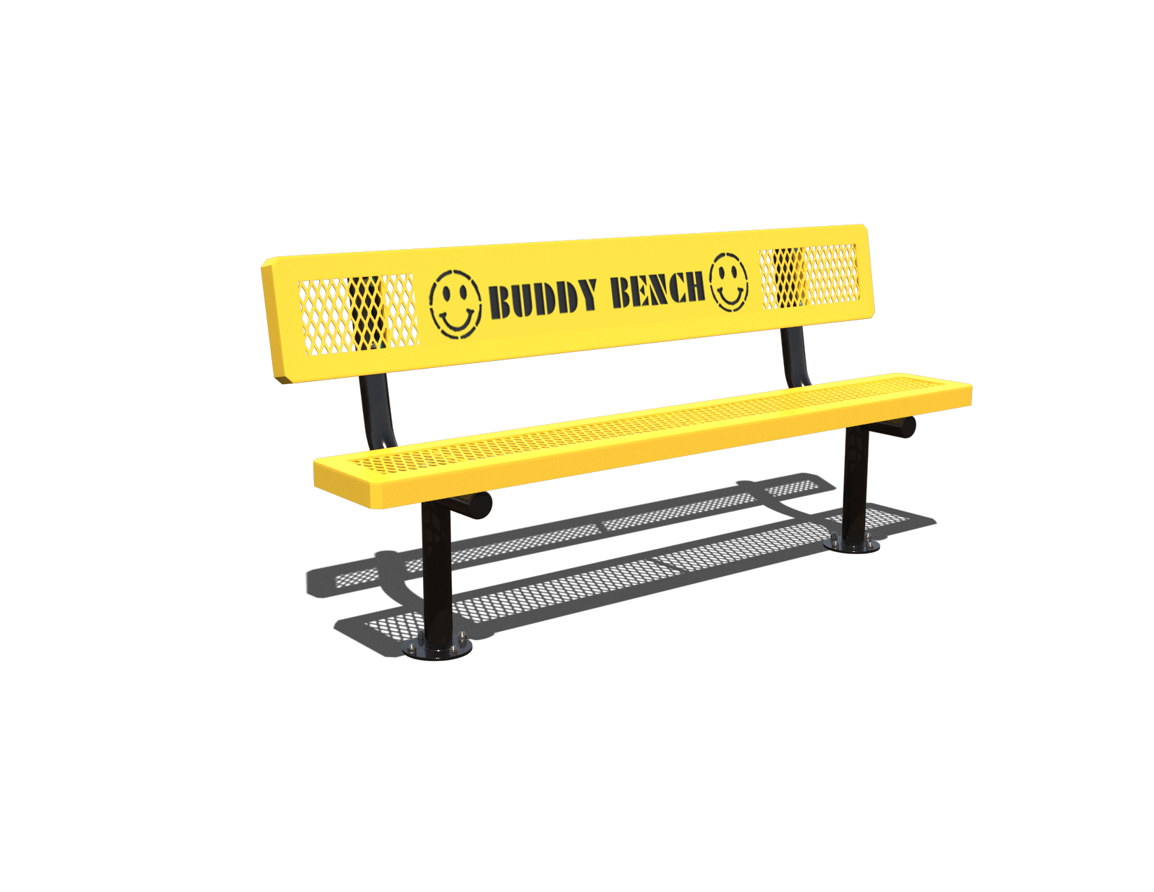 yellow metal outdoor park bench featuring a perforated backrest with smiley faces and the text BUDDY BENCH.