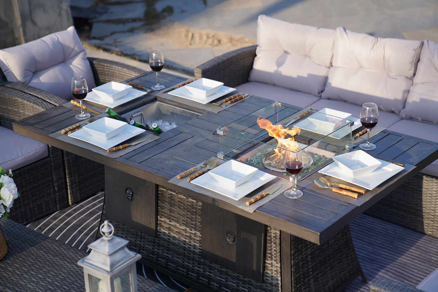 Homeroots ELLE Gray 7-Piece Wicker Patio Fire Pits Table Patio Conversation Sofa Set With Gray Cushions Outdoor Surplus USA