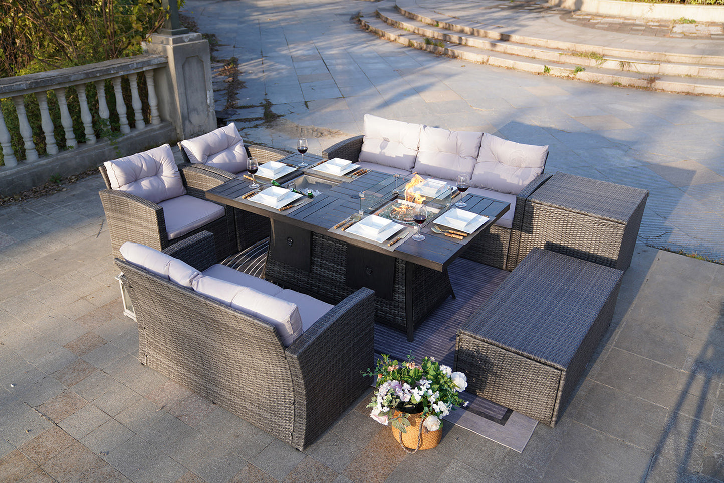 Homeroots ELLE Gray 7-Piece Wicker Patio Fire Pits Table Patio Conversation Sofa Set With Gray Cushions Outdoor Surplus USA